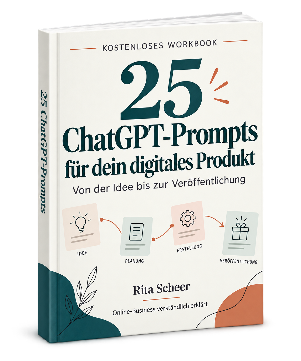 3D-Buch des kostenlosen Workbooks 25 ChatGPT-Prompts für dein digitales Produkt von Rita Scheer.
