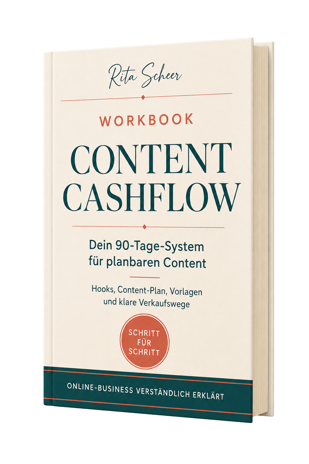 Freigestellte 3D-Ansicht des Workbooks Content Cashflow – 90 Tage Content. Fertig geplant. von Rita Scheer.