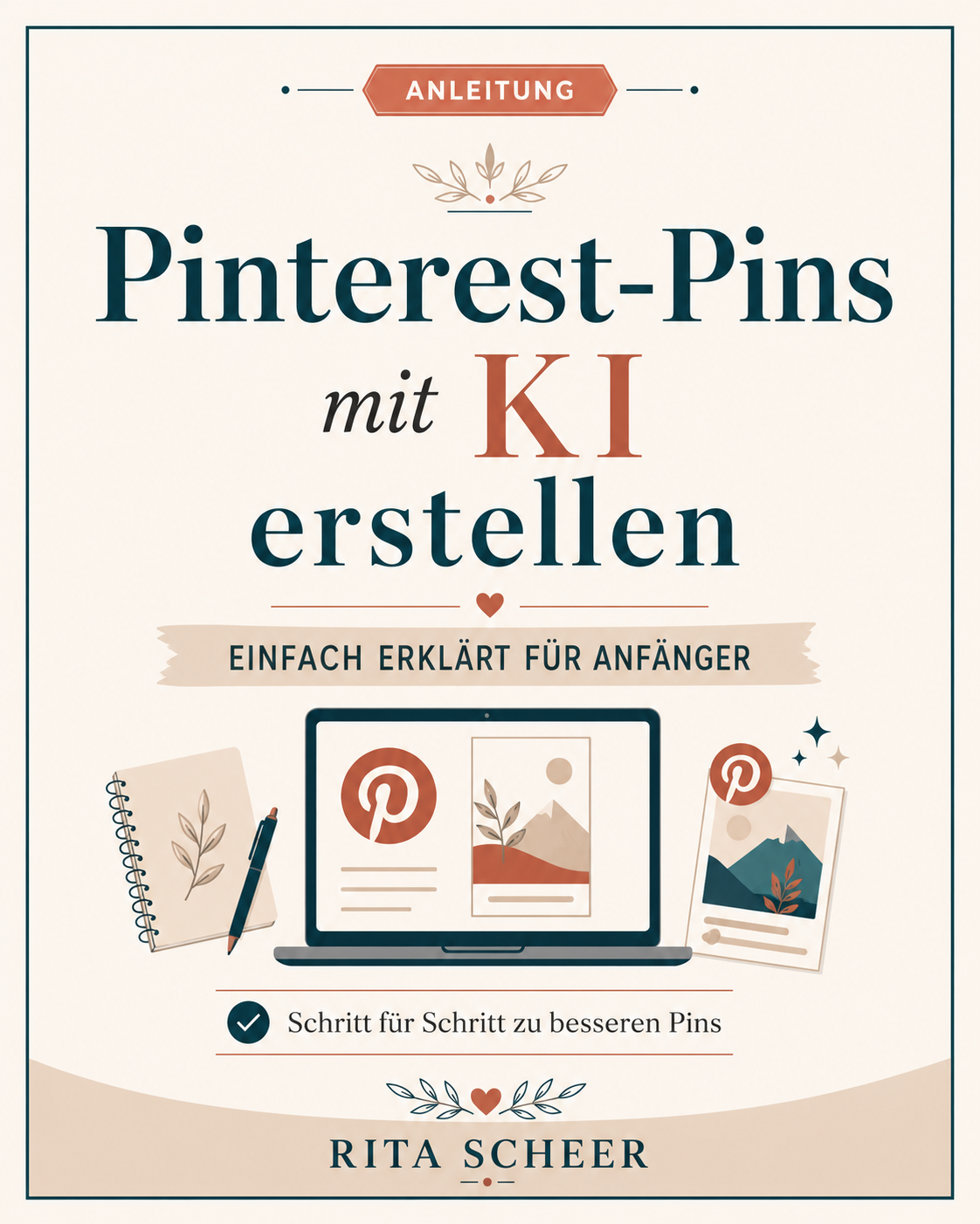 Cover des kostenlosen Workbooks Pinterest-Pins mit KI erstellen von Rita Scheer.