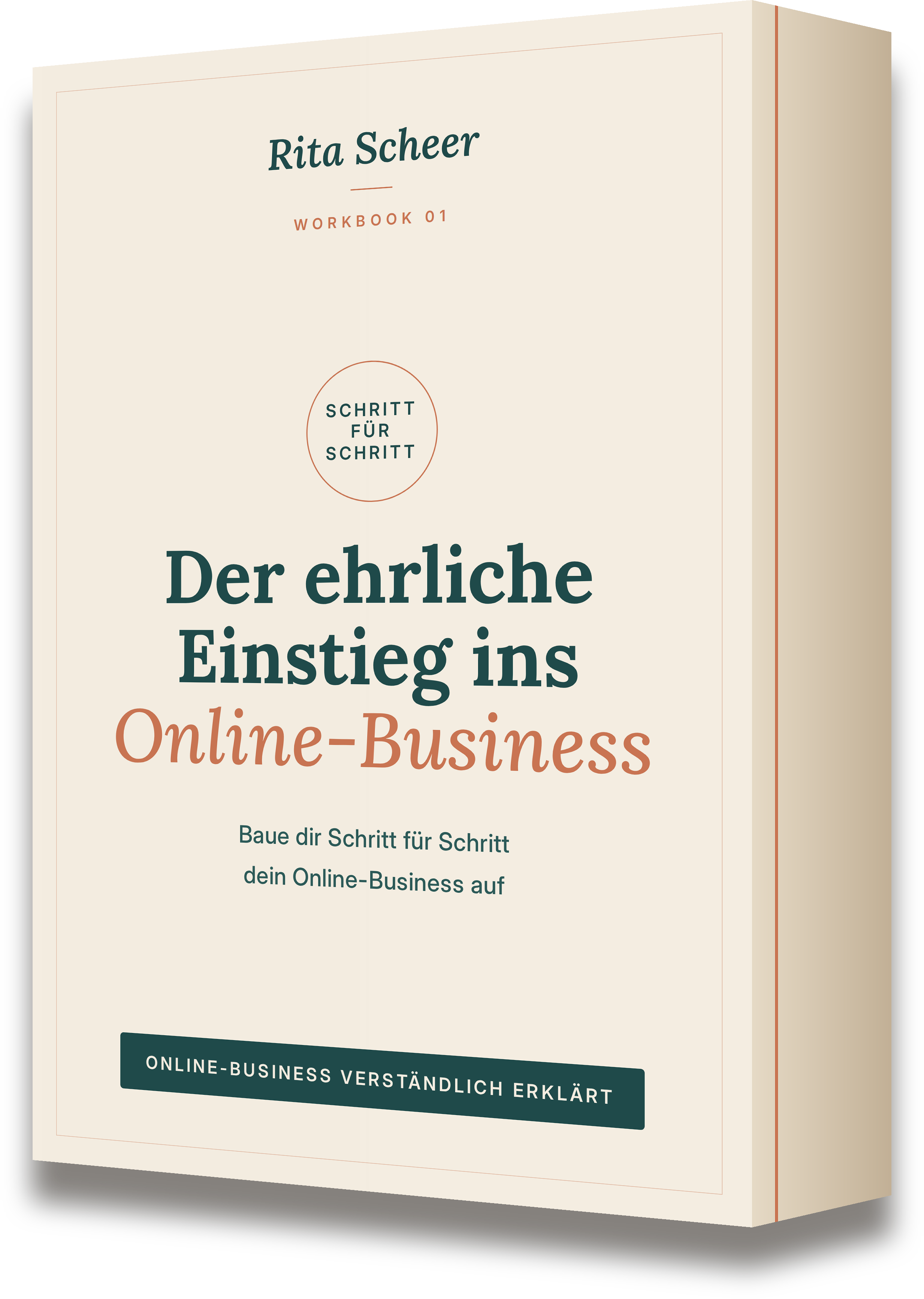 Freigestellte 3D-Ansicht des Workbooks &bdquo;Der ehrliche Start ins Online-Business&ldquo;.